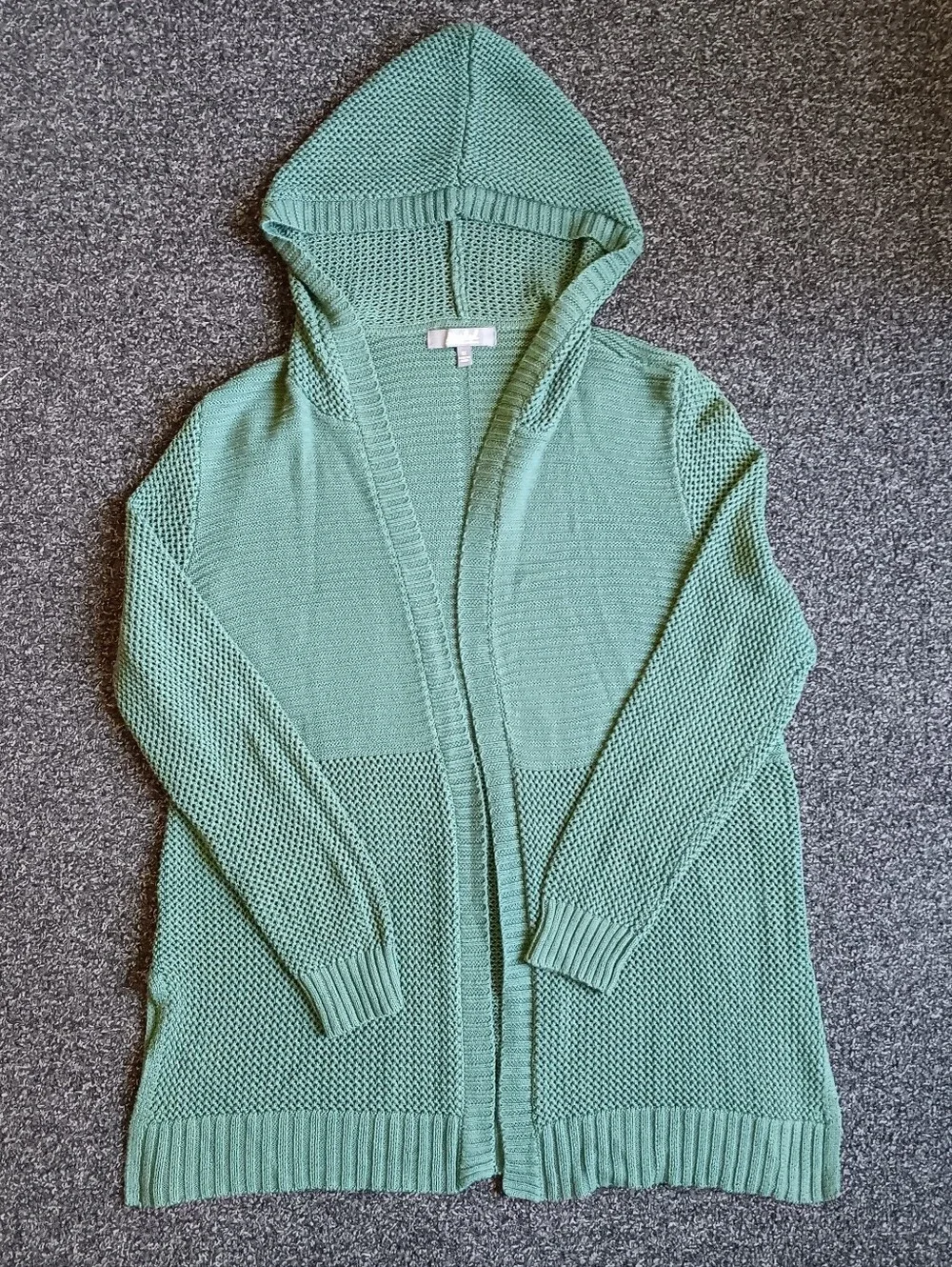 Marled 1X Light Green Hooded Knit Open Front Cardigan Sweater, Womens Plus Size